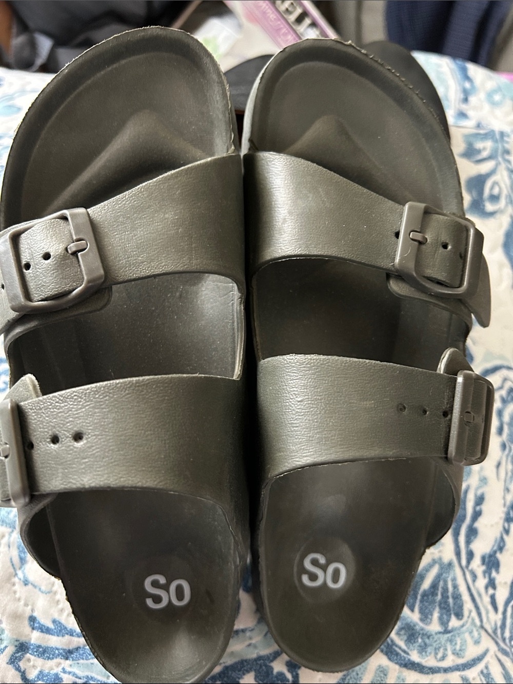 SO Olive Green Double-Buckle Slide Sandals